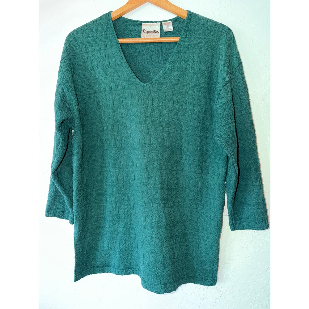 Vtg 90s Copper Key Textured Knit Green V-Neck Tunic Sweater Large EUC